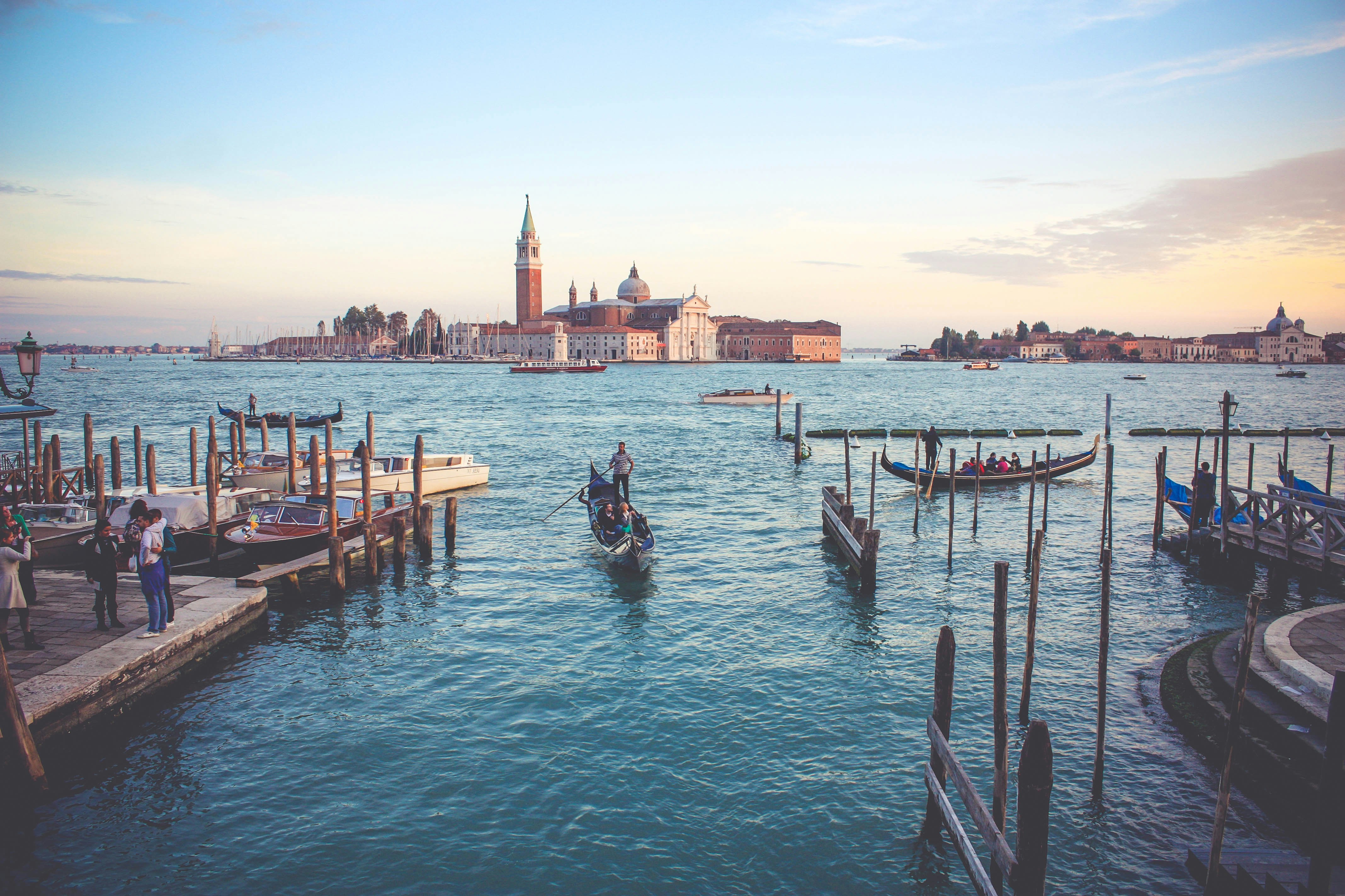 Gondolas and the lagoon in Venice, Italy
